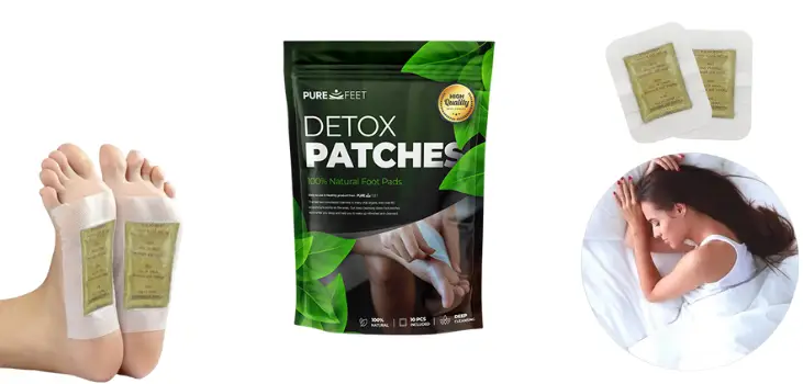 collage of PureFeet package, patches, in use, adn a woman sleeping peacefully
